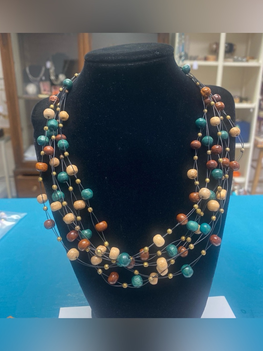 Multi-Strand wood Beaded Necklace in Teal, Brown & Beige